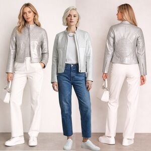 Womens Metallic Silver Quilted Lamb Sheep Leather Moto Jacket Bikercore Grunge S